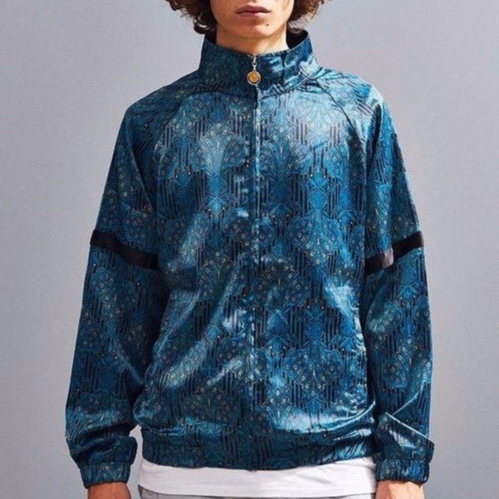 Urban Outfitters Satin‎ Blue Damask Paisley Full Zip Bomber Jacket M Scarf Print